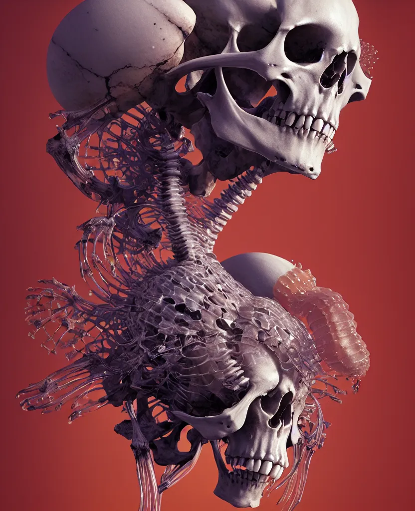 Image similar to goddess close-up portrait human skeleton, ram skull, skeleton, thorax, x-ray, backbone, jellyfish phoenix head, nautilus, orchid, skull, betta fish, bioluminiscent creatures, intricate artwork by Tooth Wu and wlop and beeple. octane render, trending on artstation, greg rutkowski very coherent symmetrical artwork. cinematic, hyper realism, high detail, octane render, 8k