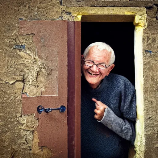 Image similar to an smiling old man peeking through a small door