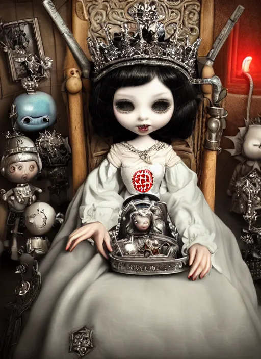 Image similar to highly detailed closeup portrait of a gothic nurse princess wearing a crown and sitting on an ice throne surrounded by cute tin toy retro robots, nicoletta ceccoli, mark ryden, lostfish, earl nore, hyung tae, frank frazetta, global illumination, god rays, detailed and intricate environment