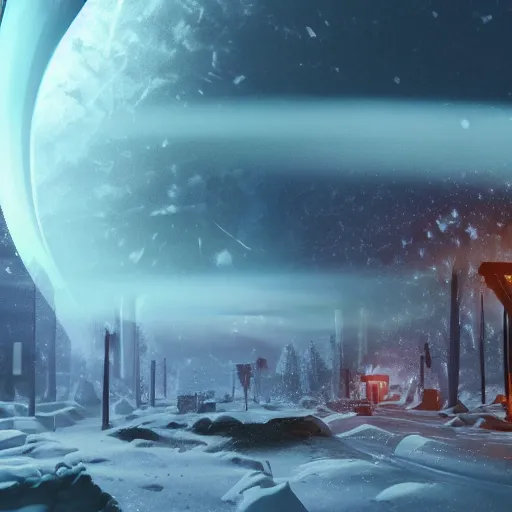 Image similar to dandy waovered in a quaint suburban neighborhood. coquitlam, west virginia tech university, 4 6 0 7 a beautiful vr 3 d sci - fi painting of an ominous luminous alien planet covered in snow and fog. 4 k resolution