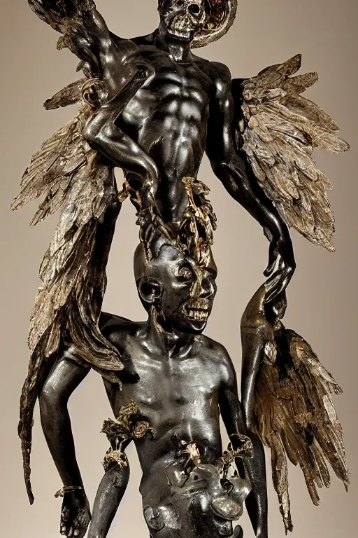 Prompt: Jean-Michel Basquiat as a bronze statue of Icarus reaching for the sun with a skull mask and wings as a corrupted and glitched Greek sculpture, glowing quartz crystal skull, wreath of ferns, abstract milky quartz eyes, many large flying monster eyes, flowing sakura silk, fabric, flowers. baroque elements, human skull. full-length view. baroque element. intricate artwork by caravaggio. many many birds birds on background. Trending on artstation. halo. octane render, cinematic, hyper realism, octane render, 8k, depth of field, 3D