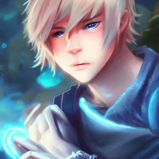 Prompt: league of legends character style of teenager cute boy, blonde hair, blue eyes, kissing with tree, close up, cinematic light, dark room, detailed, photo, 8K