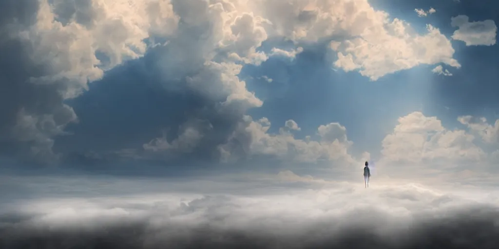 Prompt: realistic scene of a mysterious woman walking on a clouds while it's sunny, detailed, 1 4 5 0, delicate, hyper realism, ultra realistic, 8 k