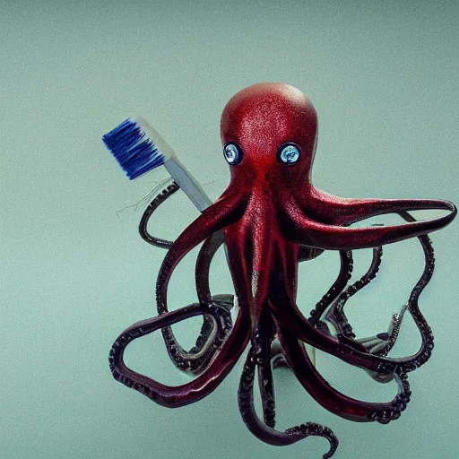 Image similar to macro photo of sci-fi cybernetic octopus holding paintbrushes, photography, filmic, cinematic, dramatic, depressed, photoshoot, 35mm, wide angle, short exposure, double-exposure, f/22, 22 megapixels, shot on 35mm, DSLR, 32k, hyper-realistic, highly detailed, ray traced, RTX, anti-aliasing, FXAA, sharpen, SFX, SSAO, de-noise, cinematic lighting, beautiful lighting, studio lighting, ultra realistic, max quality, epic 35 mm lens shot, photorealism, ray tracing global illumination, sharp focus, shadows, shaders, establishing shot