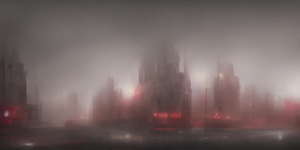 Prompt: city in fog, a bit of red light, mood, concept art