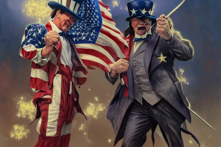 Prompt: painting of uncle sam punching steven seagal, d & d, fantasy, intricate, elegant, highly detailed, digital painting, artstation, concept art, smooth, sharp focus, illustration, art by artgerm and greg rutkowski and alphonse mucha