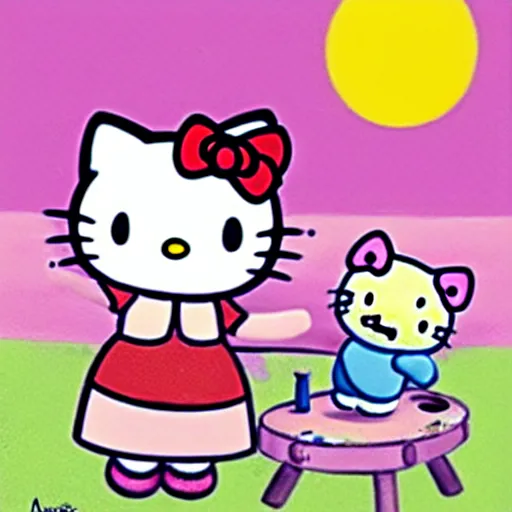 Image similar to painting of hello kitty and hello kitty friends and sanrio characters and playing outside on a sunny day, adventures of hello kitty and friends, by artgerm