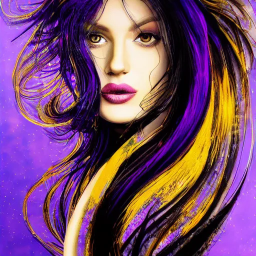 Prompt: masterpiece ink and acrylic dynamic portrait of an aesthetic beautiful realistic black haired woman, gold and purple strands, 3 0 years old woman, mid long hair, black eyed, by joachim bergauer and wlop, artstation, deviantart, pouring acrylic chaotic background, dynamic! curves and splashes, swirling, detailed, intricate