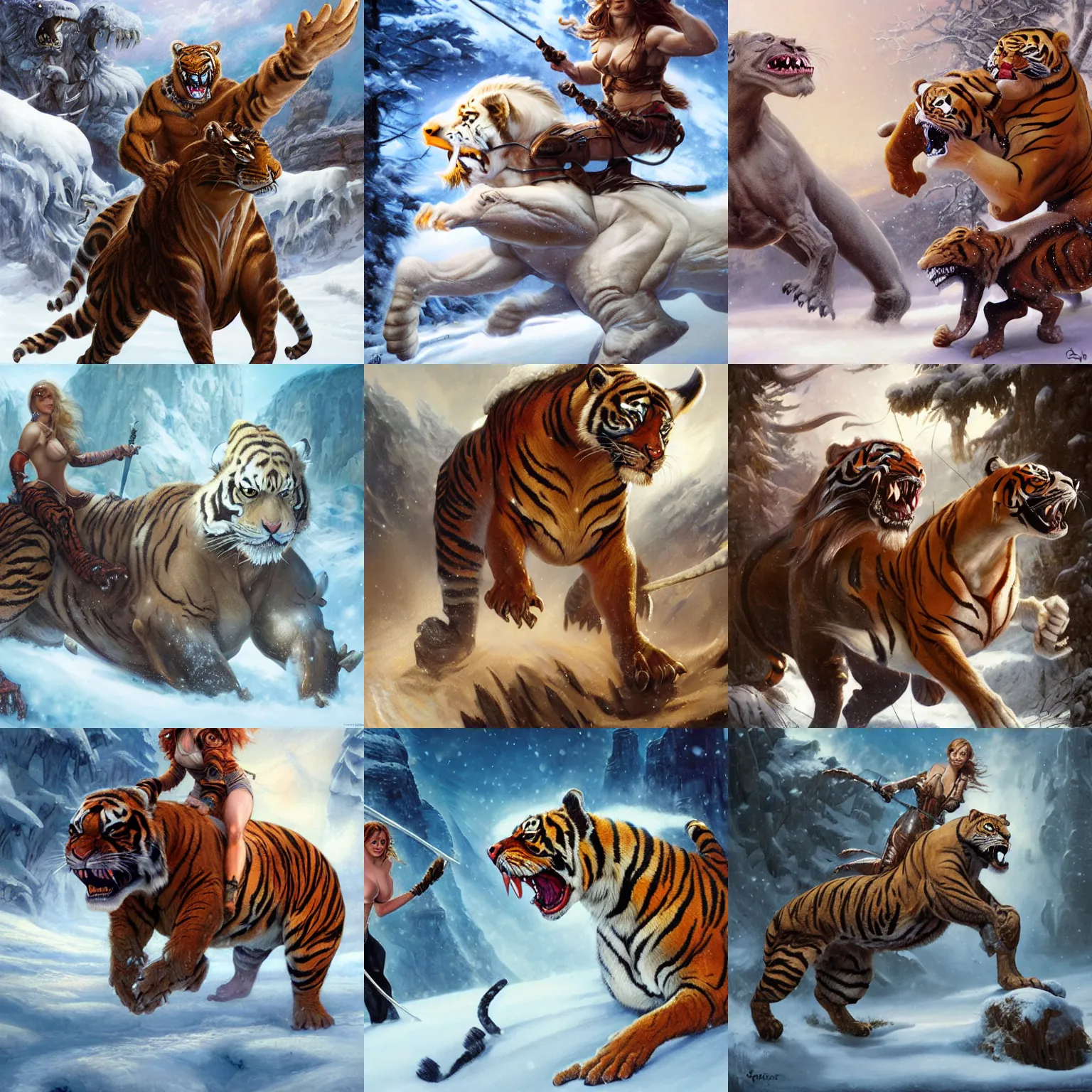 Prompt: face portrait, muscled Emma Stone riding mounted on friendly large saber tooth tiger, snowy winter scene, Boris Vallejo, Donato Giancola, Mark Brooks, Ralph Horsley, Charlie Bowater, Artgerm, Christopher Balaskas, Bastien Lecouffe-Deharme