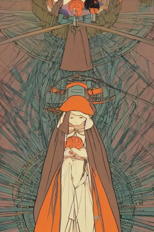 Image similar to a Girl in a large hood sitting on the ground and Slices of orange, cd and microphones float around ,Visual Communication Design by studio ghibli and mucha ,Refreshing colour