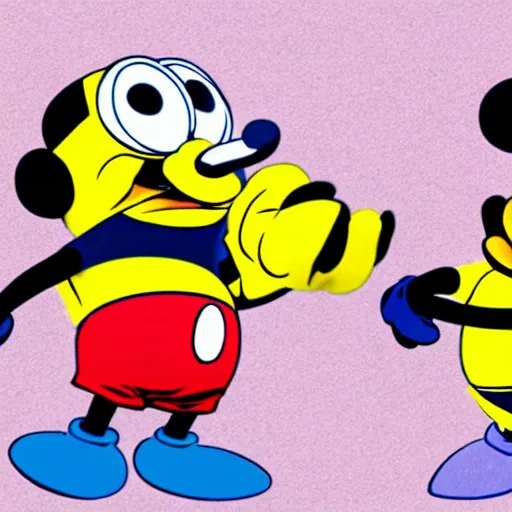 Prompt: Mickey Mouse punching a Minion