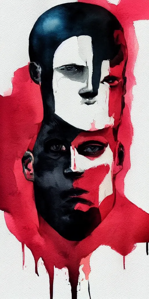 Prompt: closeup of one!!! athletic man posing dramatically with no face, no hair, black background, matte colors, by conrad roset, watercolor painting trending on artstation