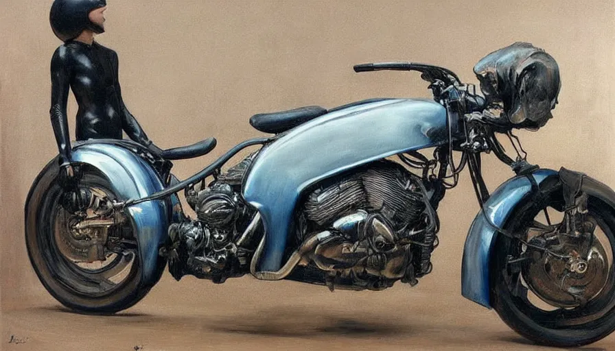 Image similar to painting by borremans, motorbike from tron movie in front of the mirror, detailed, stunning