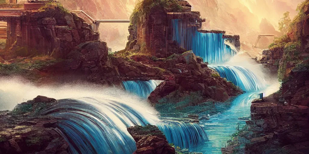 Prompt: dam breach, powerful water flowing, utopian happy atmosphere, incredible masterpiece of digital art, concept art illustration, award - winning, retro futurism