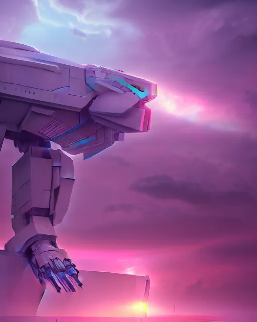 Image similar to hyperrealistic 3d render mecha iridescent pink cloudy landscape background concept art vray ute osterwald de chirico sharp cinematic very moody light 8k low angle shallow depth of field