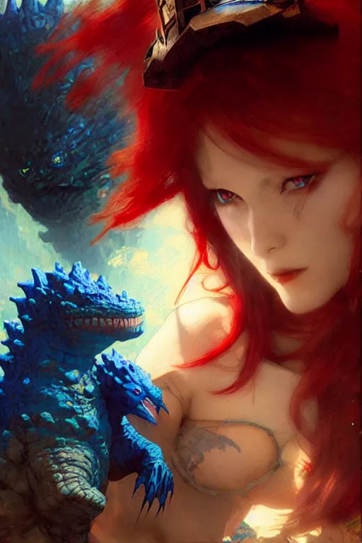 Image similar to red haired vampire maid, pointing accusingly at a small blue godzilla wearing a rainbow coloured propeller hat portrait dnd, painting by gaston bussiere, craig mullins, greg rutkowski, yoji shinkawa