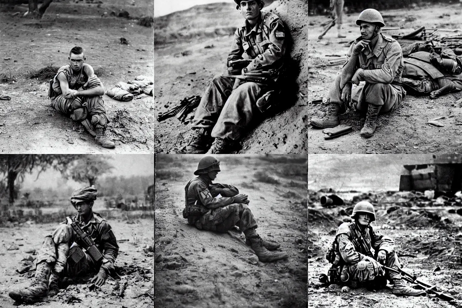 Prompt: a portrait of an army soldier sitting on the ground in a war-torn battlefield trying to rest from the never-ending battle. photograph from 1941