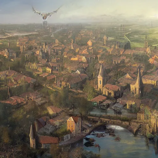 Prompt: high airborne view of a downtrodden dense medieval town by a river in a swamp surrounded by a tent shanty town, 4k, by Greg Rutkowski, fantasy, mix of celtic and Rus architecture, cinematic