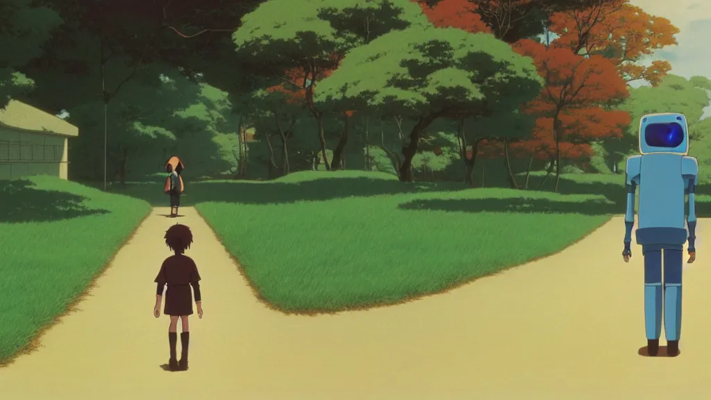 Image similar to a boy and his robot friend walking to school, anime film still from Studio Ghibli movie with art direction by Zdzisław Beksiński, wide lens