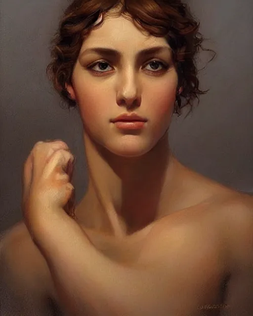 Image similar to an ancient greek athlete, beautiful face, oil on canvas, artstation, by j. c. leyendecker and edmund blair leighton and charlie bowater, beautiful face, octane, very aesthetic!!!!!!!!!!!!!!! stunning gorgeous big eyes