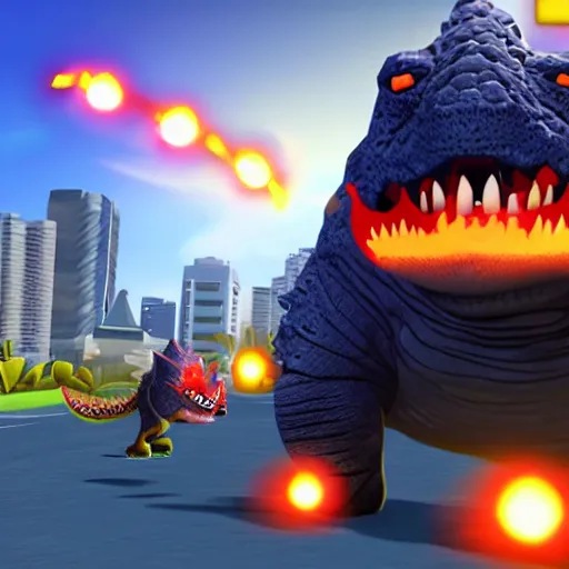 Image similar to Godzilla as a playable character in Subway Surfers, in-game screenshot