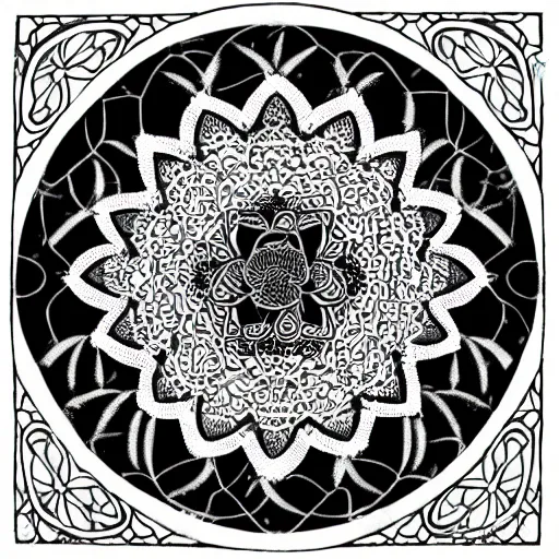 Prompt: detailed, black and white, a bear surrounded by lotus flowers and geometry