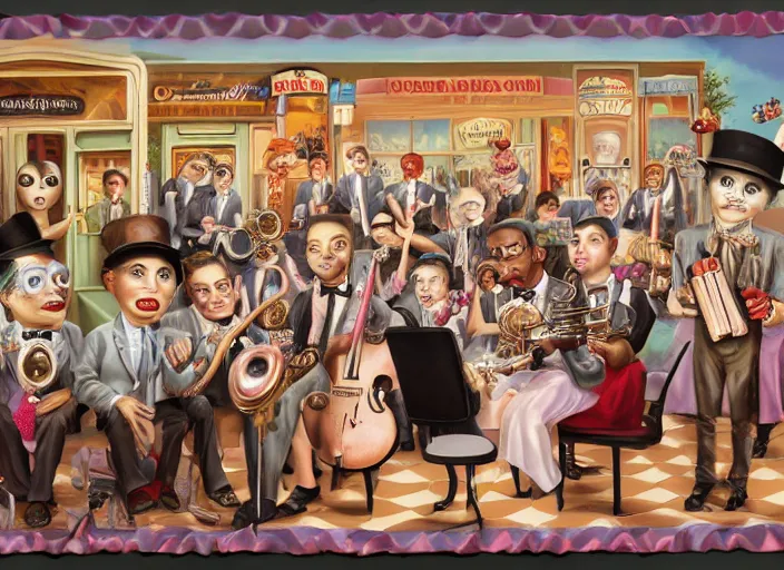 Prompt: the ice cream jazz band, lowbrow, matte painting, 3 - d highly detailed, in the style of mark ryden,