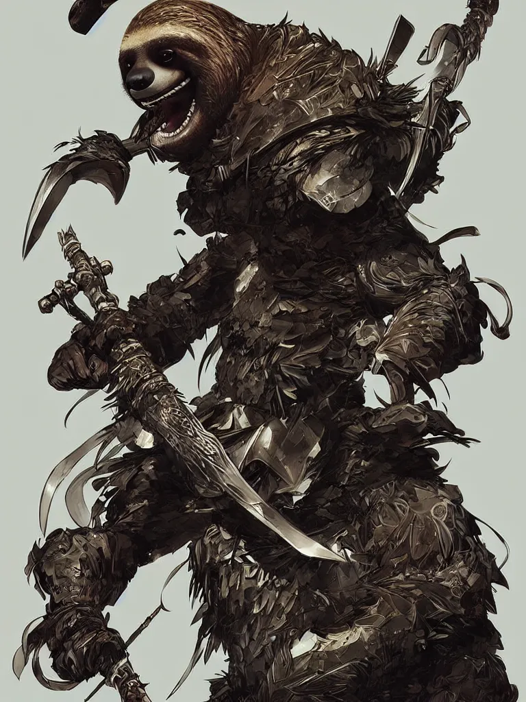 Image similar to graphic, hyperreal illustration of anthropomorphic sloth in traditional samurai armor : : digital art, concept art, character development : : illustrated by artgerm, yoji shinkawa, scott buoncristiano, nychos