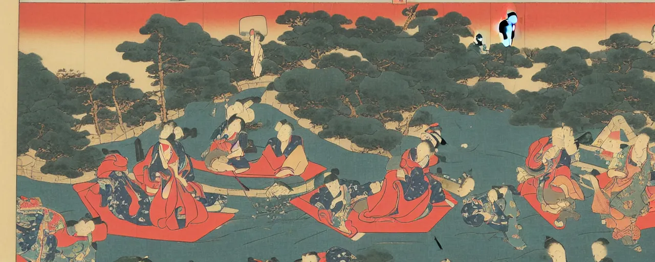 Prompt: a ukiyo-E painting of a road trip through America
