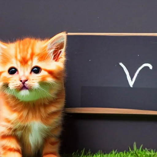 Image similar to cute fluffy orange tabby kitten with a sign that says