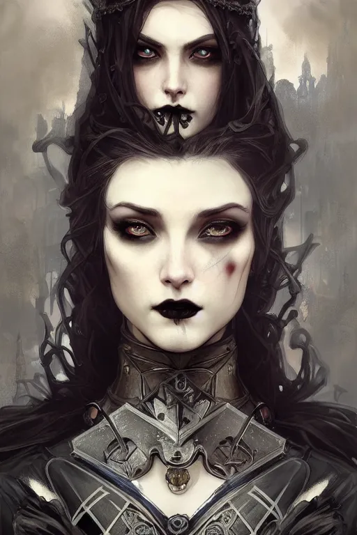 Image similar to beautiful and gothic and evil and luxury and dieselpunk young medieval female knight portrait +smoky eyes+front face with light flowing hair, ultradetail face, art and illustration by tian zi and craig mullins and WLOP and alphonse mucha, fantasy, intricate complexity, human structure, human anatomy, fantasy character concept, watermark, blurry, hyperrealism 8k