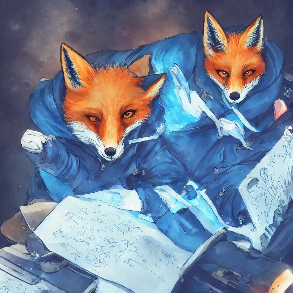 Prompt: a fox in a blue hoodie on the white background hacking a notebook, concept art, anime style, digital art picture, highly detailed, artstation, detailed, award winning, colorful