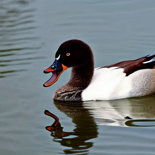 Prompt: a crossbreed of wild duck and a swan, with chicks, photo