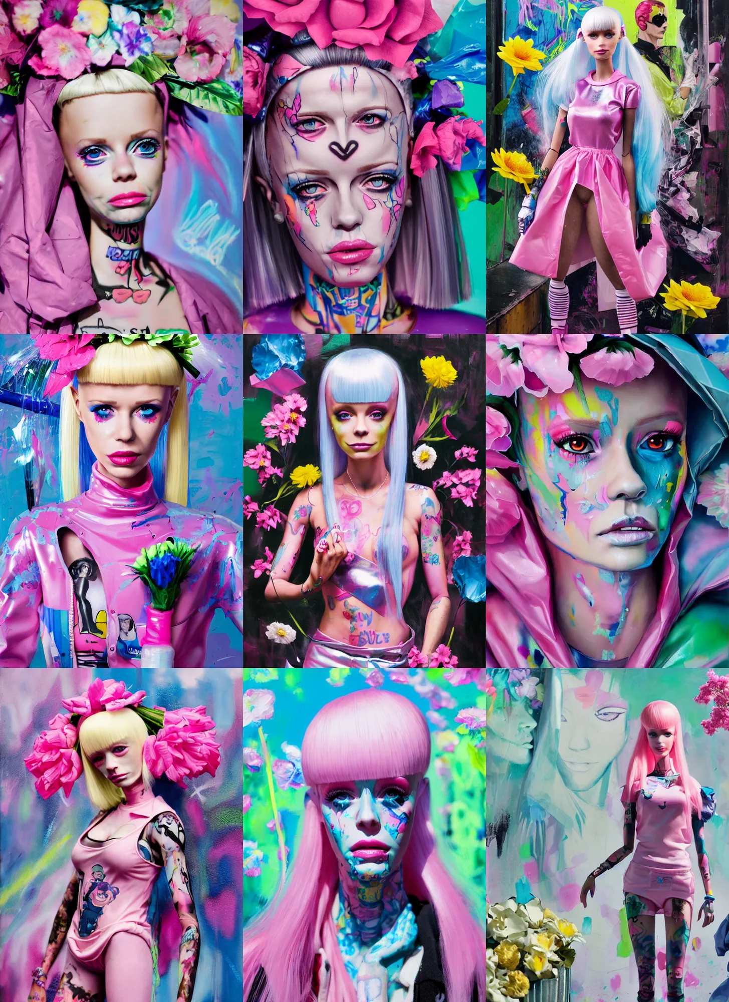 Prompt: still from music video of barbie from die antwoord standing in a township street, wearing a trashbag garbage bag and flowers, street fashion, full figure portrait painting by martine johanna, ilya kuvshinov, rossdraws, pastel color palette, shiny plastic, spraypainted tattoos, detailed impasto brushwork, impressionistic