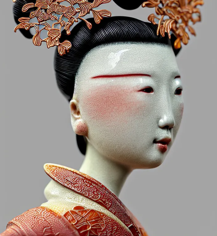 Image similar to Geisha, A Close up photo-real delicate ceramic porcelain sculpture of a symmetrical ornate detailed in front of an intricate background by Victo Ngai and takato yamamoto, micro detail, backlit lighting, face in focus, subsurface scattering, translucent, thin porcelain, octane renderer, colorful, physically based rendering, japanese pottery, trending on cgsociety