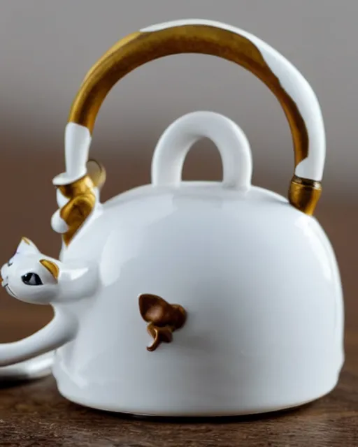 Image similar to a creepy white tea kettle shaped like a cat with a little porcelain gray mouse on the tip of it's spout