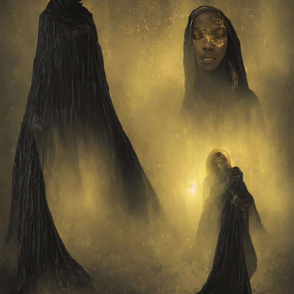 Image similar to a portrait of a young black woman wearing a long dark cloak, hood and shadows covering face, holding golden chains, oil painting, matte painting, black background, Volumetric Golden dappled dynamic lighting, Highly Detailed, Cinematic Lighting, Unreal Engine, 8k, HD, by Beksinski