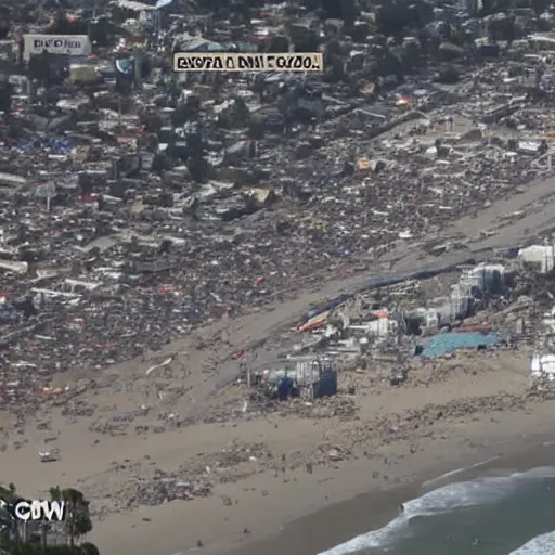 Image similar to santa monica pier completely destroyed, helicopter coverage, photo from above, news coverage, sadness, cnn news