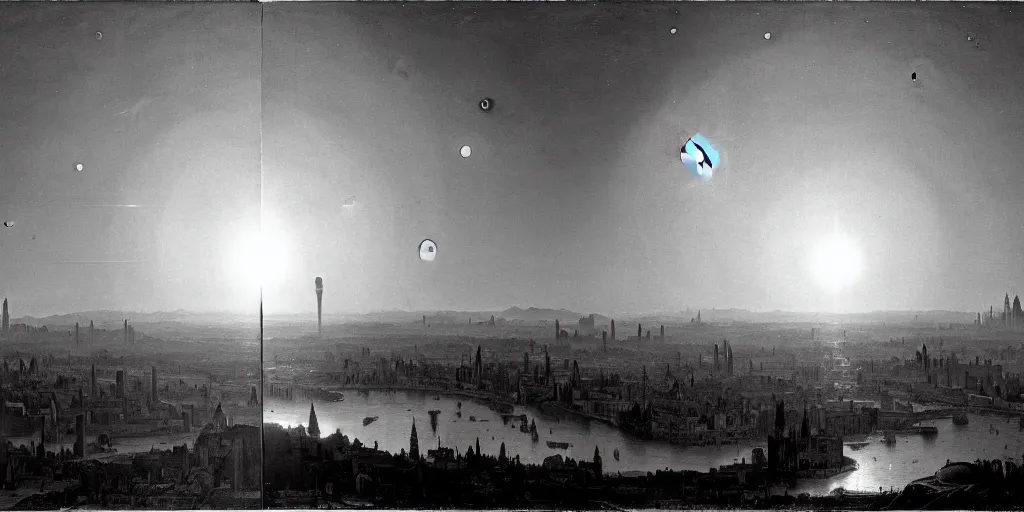 Prompt: planetary city, 2 suns on the horizon by ansel adams and bernardo bellotto