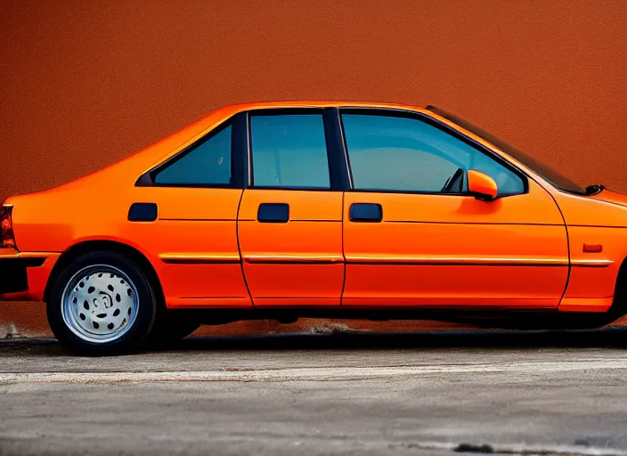 Prompt: a orange 1990 Honda Civic with tinted windows in the Bay Area California, dusk, high definition