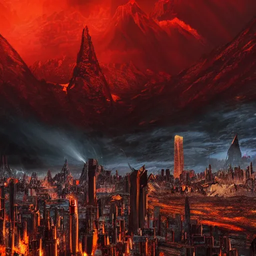 Image similar to mordor as a bustling city, highly detailed, sharp focus, skyline, vast, 4 k, fantasy