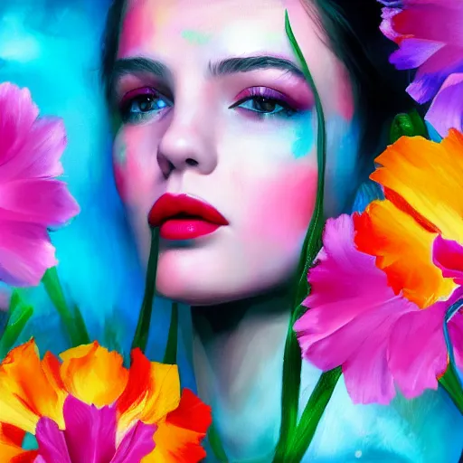 Prompt: beautiful woman in the centre surrounded by splash of colors, hyper-realistic, canvas background of vivid color flowers, trending on artstation