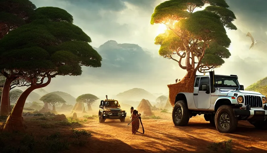 Image similar to mahindra thar driving through madagascar with baobabs trees, animals chasing, action scene, an epic fantasy, artgerm and greg rutkowski and alphonse mucha, an epic fantasy, volumetric light, detailed, establishing shot, an epic fantasy, cinematic, photorealistic, ultrarealistic, trending on art station, octane render, midsommar