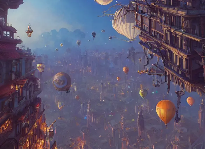 Image similar to a flying steampunk city, ballons, unreal engine, fantasy art by greg, loish, rhads, ferdinand knab, tom bagshaw, makoto shinkai and lois van baarle, rossdraws, ilya kuvshinov, night lighting, trending on studio ghibli, highly detailed, 8 k, octane render