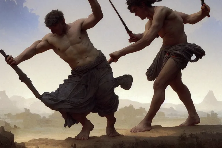 Image similar to ancient historically accurate depiction of the Bible duel bettween the shepherd boy david and Goliath of Gath, the Philistine warrior giant, by frank miller, illustration by Ruan Jia and Mandy Jurgens and William-Adolphe Bouguereau, Artgerm, 4k, digital art, surreal, space dandy style, highly detailed, godsend, artstation, digital painting, concept art, smooth, sharp focus, illustration by Ruan Jia and Mandy Jurgens and William-Adolphe Bouguereau, Artgerm