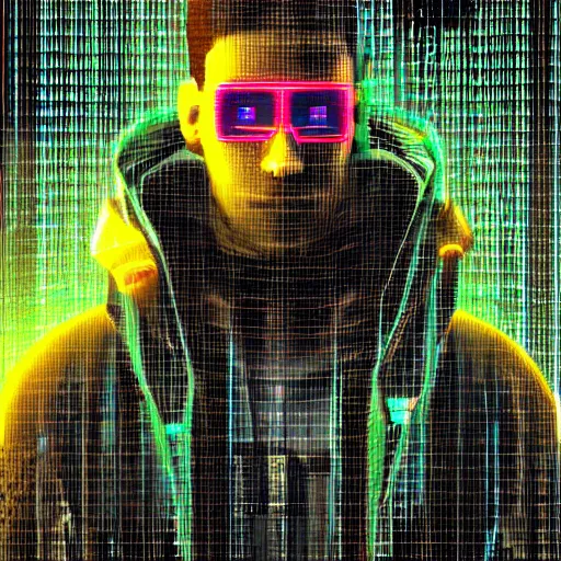 Image similar to a 3 - d glitch art model of a cyberpunk hacker trending on artstation deviantart pinterest detailed realistic hd 8 k high resolution