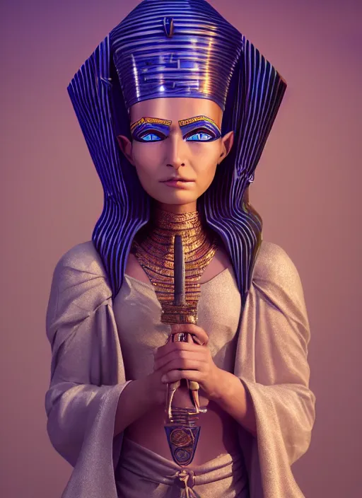 Image similar to an anthropomorphic beautiful female wizard of pharaoh holding magic wand portrait wearing robe, fine art, award winning, intricate, elegant, sharp focus, octane render, hyperrealistic, cinematic lighting, highly detailed, digital painting, 8 k concept art, art by jamie hewlett and z. w. gu, masterpiece, trending on artstation, 8 k