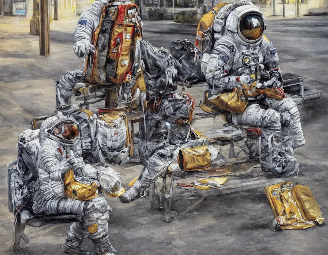 Image similar to hyper realistic oil painting of astronaut with portable luggage, sitting on a bench, waiting for the bus at the bus stop, hd, hdr, by stanisław wyspianski, ultra detailed, high resolution