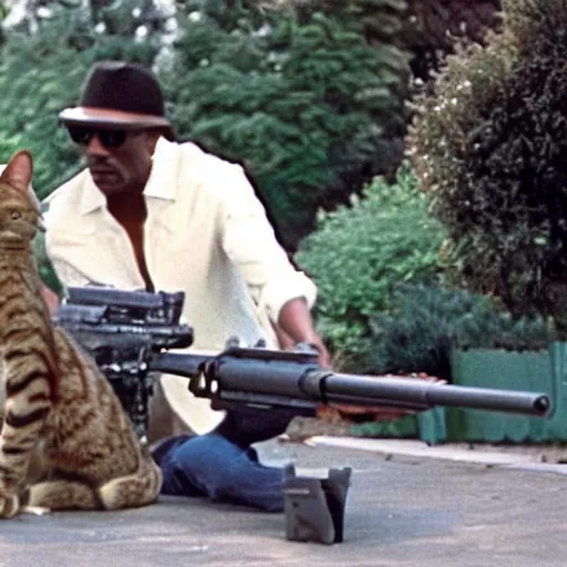 Image similar to a still of the cat shooting a m 6 0 machine gun from the buddy cop movie beverly hills cat 2, with eddie murphy