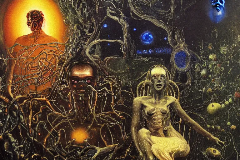 Image similar to one dark figure taming a supercomputer made of nervous system, channeling third eye energy, surrounded by a background of dark cyber mystic garden of earthly delights, midnight hour, painted part by wojciech siudmak, part by ilya repin, part by norman rockwell, part by hype williams, artstation